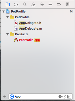 A view of the Xcode project navigator filtered to just show files starting with App