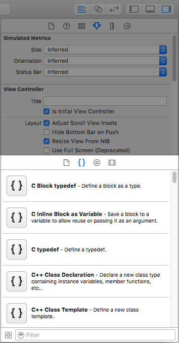 A shot of the xcode utility area with the snippet sub section visible