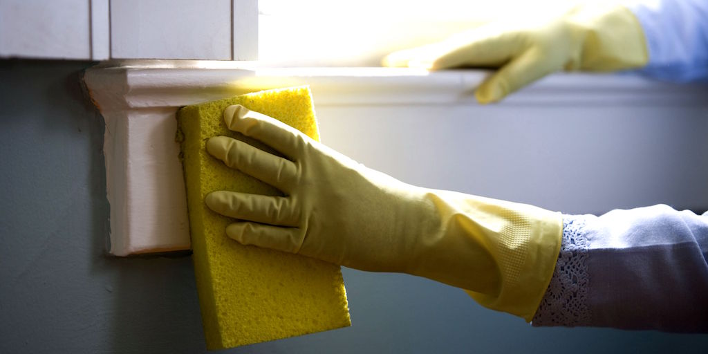 Feature image of a window sill being cleaned with sponge and rubber gloves.